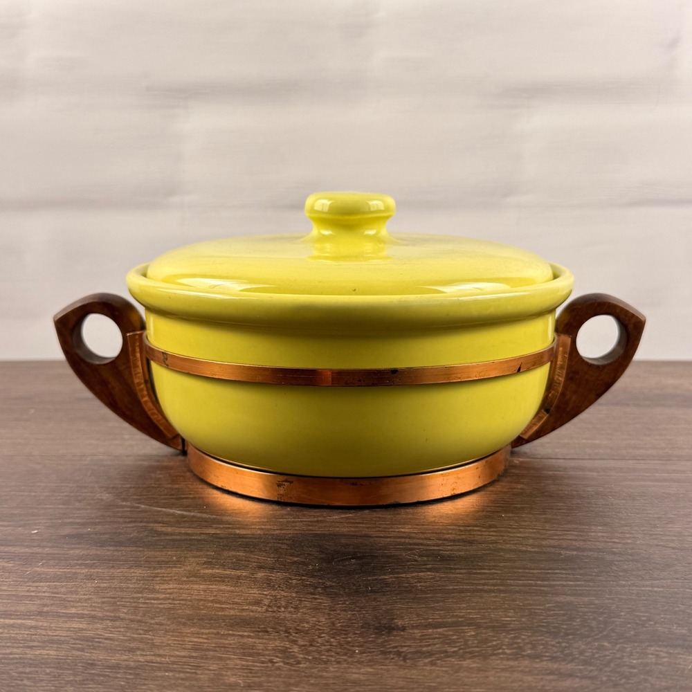 Bauer Pottery Chartreuse Casserole Lid Copper Wood Stand California